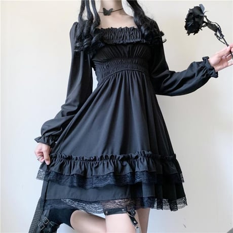 ティアードワンピース フリル スクエアネック Aライン ハイウエスト プリーツ フレア レース ミニワンピース 長袖 レトロ ガーリー ゴシック ロリータ DTCA-652425232365
