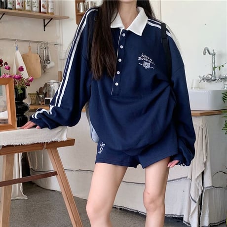 セットアップ 2点セット スウェット ショートパンツ ラガーシャツ トップス サイドライン トレーナー ルーズ 長袖 レトロ 大人可愛い ガーリー カジュアル DTC-820743639096