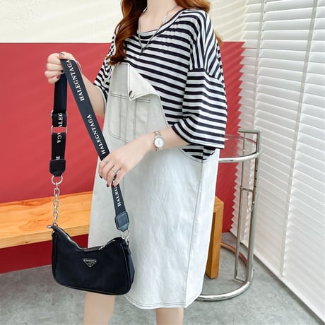 フェイクレイヤード ワンピース Tシャツ ドッキングワンピース ミニ丈 バイカラー ルーズ 半袖 レトロ 大人可愛い ガーリー 韓国ファッション レディース DTC-678993747695