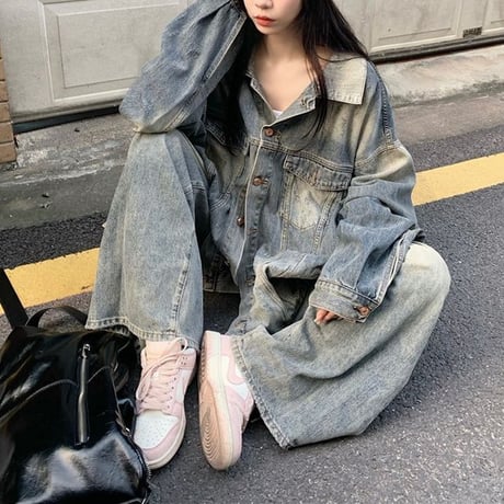 セットアップ デニムジャケット デニムパンツ ウォッシュ加工 オーバーサイズ Gジャン ジーパン デニム レトロ 韓国ファッション レディース 大人可愛い ガーリー DTC-769538222015