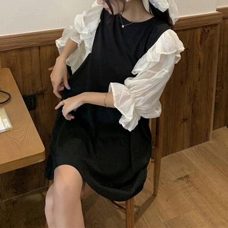 ドッキングワンピース フリル フェイクレイヤード 重ね着風 ルーズウエスト 五分袖 レトロ 韓国ファッション レディース 大人可愛い ガーリー フェミニン DTC-674948055332