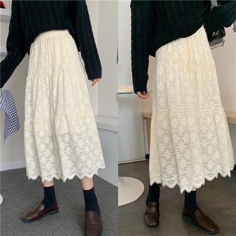 レース ベルベットスカート Aライン ハイウエスト 韓国ファッション レディース プリーツスカート ミドル丈 大人可愛い ガーリー DTC-631866327210