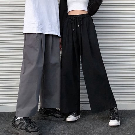 ユニセックス ワイドパンツ S M L XL ワイドレッグパンツ ウエスト紐 9分丈 ハイウエスト ゆったり 韓国ファッション メンズ レディース カジュアル DTC-638334168423