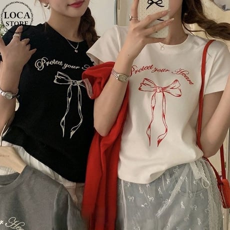 リボンプリント Tシャツ 半袖 クルーネック トップス レタープリント シンプル ルーズ レトロ 大人可愛い ガーリー カジュアル DTCA-775047425133