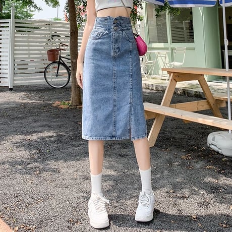 デニムスカート スリット 薄手 膝丈 ハイウエスト Aライン タイトスカート スカート レトロ 大人可愛い ガーリー カジュアル DTCA-725646006471