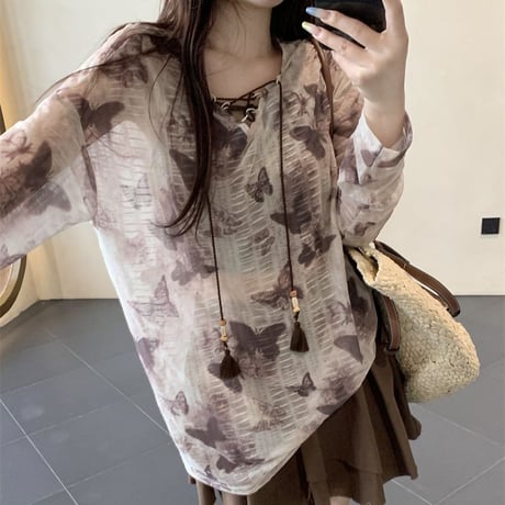 シアートップス バタフライ柄 シースルー オーバーサイズ tシャツ ルーズ 長袖 レトロ 韓国ファッション レディース 大人可愛い ガーリー DTC-803808832596