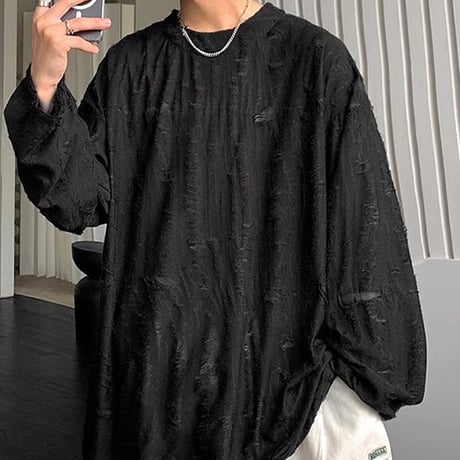 【3カラー】 ユニセックス ダメージ加工 Tシャツ 長袖 オーバーサイズ トップス 韓国ファッション メンズ レディース カジュアル 韓国ストリートファッション DTC-695763372099