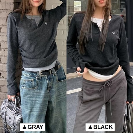 フェイクレイヤード トップス キーネック Tシャツ ロンＴ ロゴ 重ね着風 プルオーバー スリムフィット フェイクツーピース 長袖 大人可愛い ガーリー カジュアル DTCA-758755751432