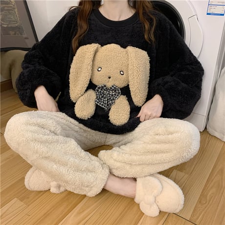 ルームウェア パジャマ セットアップ フリース トップス + パンツ ラビット うさぎ 長袖 上下セット 長袖 韓国ファッション レディース もこもこ ガーリー 627109268664
