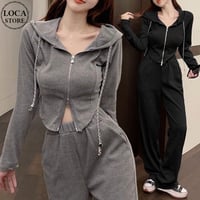 セットアップ 2点セット スウェット ダブルジップ パーカー ショート丈 パンツ スリムフィット 不規則デザイン トップス ボトムス 長袖 レトロ カジュアル DTCA-764266076419