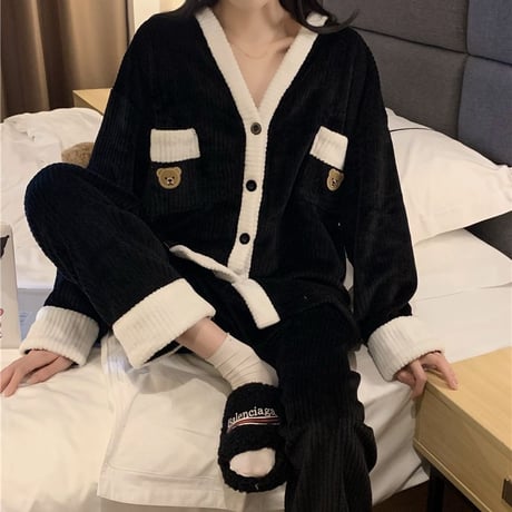 ルームウェア パジャマ セットアップ 上下セット クマちゃん フリース 厚手 部屋着 寝間着 大人可愛い ガーリー DTC-665764771878