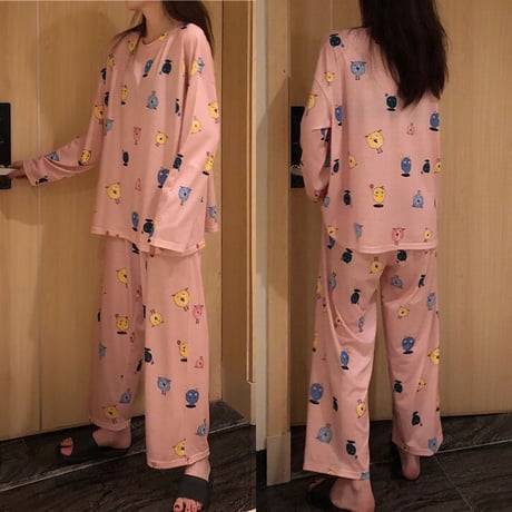 【ルームウェア】 パジャマ セットアップ トップス + パンツ プリント ラウンドネック 上下セット 長袖 韓国ファッション レディース 625829795764