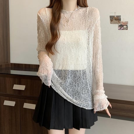 シアートップス レース tシャツ トップス クルーネック UVカット シアーtシャツ ゆったり ルーズ 長袖 レトロ 大人可愛い ガーリー トレンド DTCA-907055529072