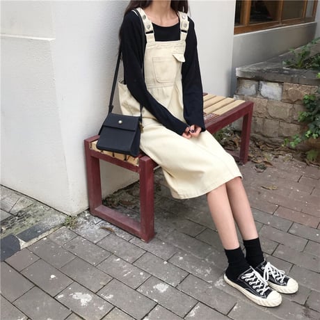 サロペットワンピース ジャンパースカート 韓国ファッション レディース ガーリー ハイウエスト レトロ DTC-587403309486