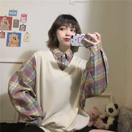 ベスト × チェック柄 フェイクレイヤード 韓国ファッション レディース 重ね着風 シャツ ガーリー カジュアル DTC-601095644955