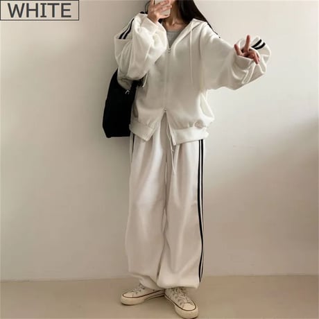 セットアップ 上下セット スウェット サイドライン ダブルジップ パーカー パンツ ジャージ ルーズ レトロ 大人可愛い ガーリー カジュアル DTCA-858330931501