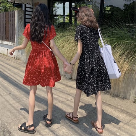 ワンピース ドット柄 韓国ファッション レディース Aライン ハイネック ミドル丈 ラウンドネック シンプル ガーリー フェミニン DTC-616578010538