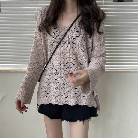 ニット セーター 透かし編み 薄手 トップス かぎ編み Vネック 長袖 ルーズ ゆったり レトロ 韓国ファッション レディース 大人可愛い ガーリー DTC-624569016145