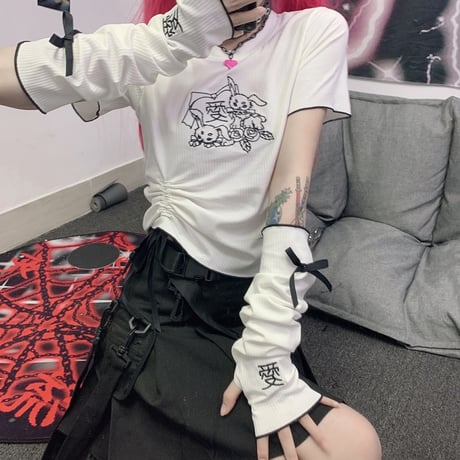 セットアイテム tシャツ アームウォーマー アームカバー 半袖 トップス 2点セット レトロ 大人可愛い ガーリー カジュアル DTC-638967987367