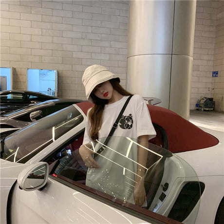レディース 可愛いクマプリント Tシャツ ラウンドネック ゆったり 半袖 インスタ映え 韓国ファッション ホワイト ピンク (DCT-596629678942)