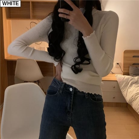 ニット メロウハイネック トップス リブニット スリムフィット 長袖 シンプル レトロ 韓国ファッション レディース 大人可愛い ガーリー フェミニン DTC-624573045753