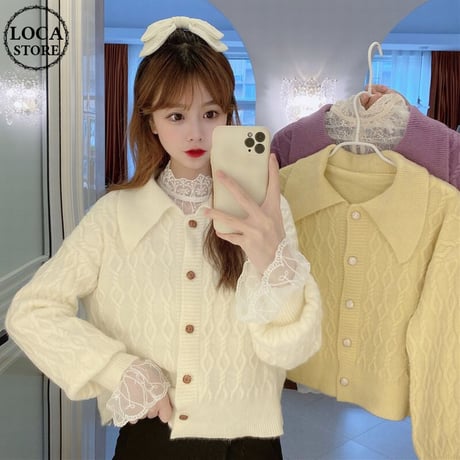 セットアップ ニット カーディガン ケーブル編み + レースブラウス ラグランスリーブ 韓国ファッション レディース ゆったり 大人可愛い ガーリー DTC-629350839689