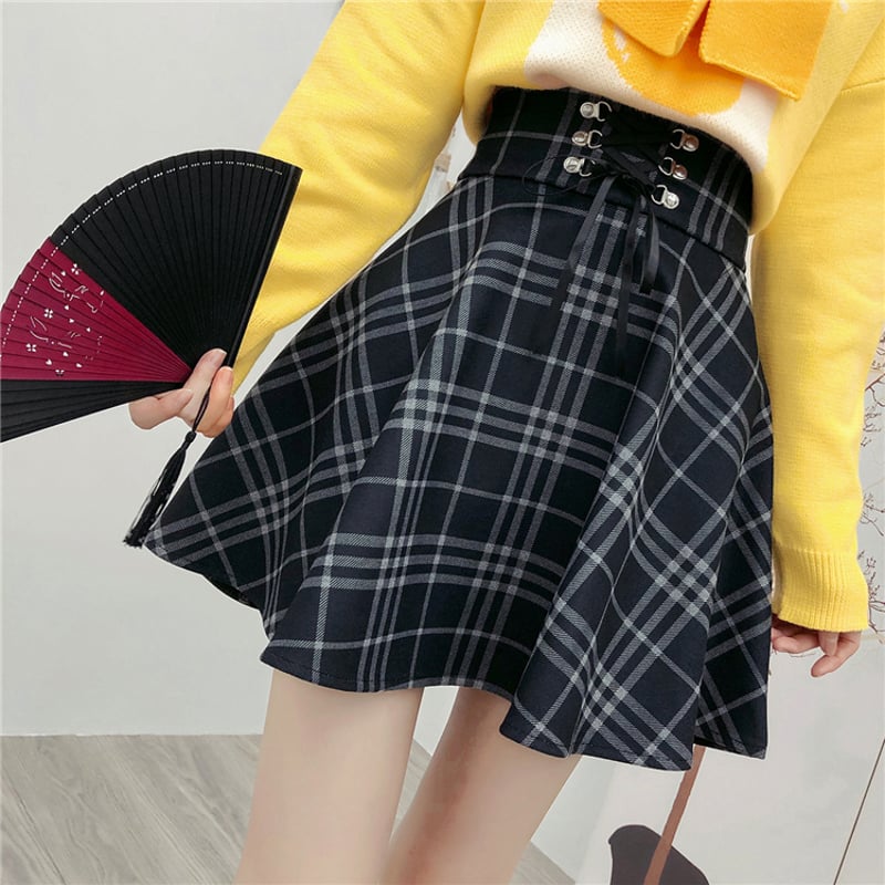 チェック柄 ミニスカート レースアップ Aライン スカート フレア ハイ
