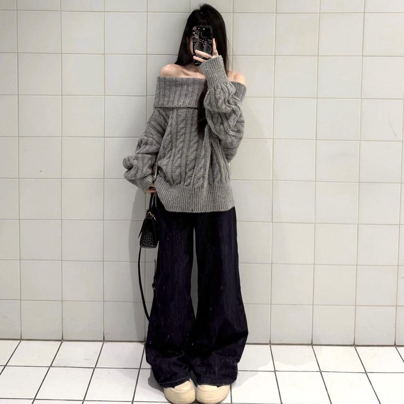 ニット ケーブル編み オフショルダー プルオーバー セーター