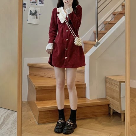 襟付きワンピース リボン ビジュー 大きい襟 ハイウエスト 長袖 Aライン レトロ ワンピース 韓国ファッション レディース 大人可愛い ガーリー フェミニン DTC-662241012829