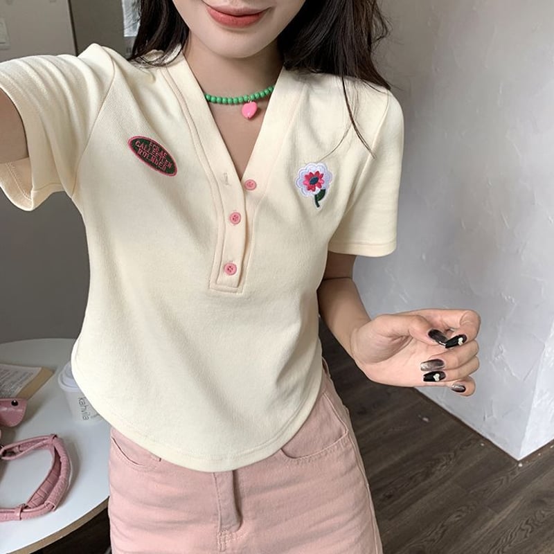 ヘンリーネック Tシャツ 花 ショート丈 半袖 トップス Vネック