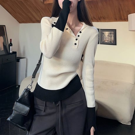 リブニット 配色 カフス バイカラー ニット トップス スリムフィット ニットソー 長袖 レトロ 大人可愛い ガーリー カジュアル DTCA-867144551057