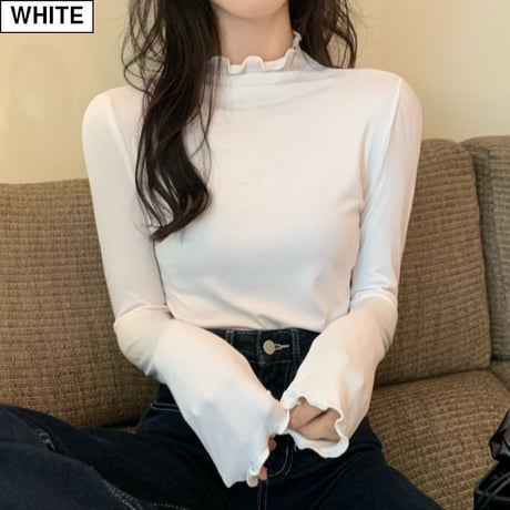 スリムフィット カットソー 長袖 ハーフネック フリルネック 韓国ファッション レディース Tシャツ 伸縮性 無地 シンプル 大人可愛い ガーリー DTC-628616580526