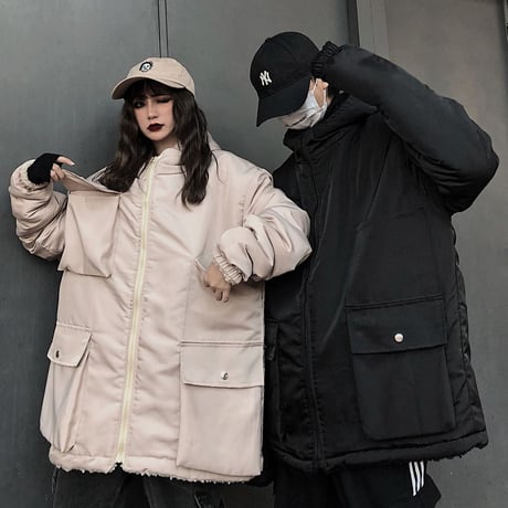 リバーシブル フード付き ボアブルゾン ユニセックス ラムウール 厚手 韓国ファッション ボアジャケット パーカー 2way もこもこ 防寒 カジュアル ストリート DTC-628591128418