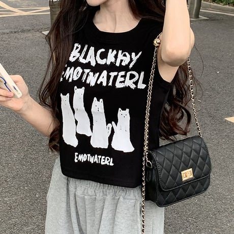 ノースリーブ トップス 猫プリント タンクトップ ショート丈 クルーネック レトロ 韓国ファッション レディース 大人可愛い ガーリー DTC-722252930833