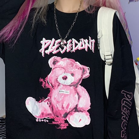 ユニセックス Tシャツ 長袖 プルオーバー くまちゃん ベアー 袖プリント オーバーサイズ レトロ 韓国ファッション メンズ レディース カジュアル ストリート系 DTC-625051222286