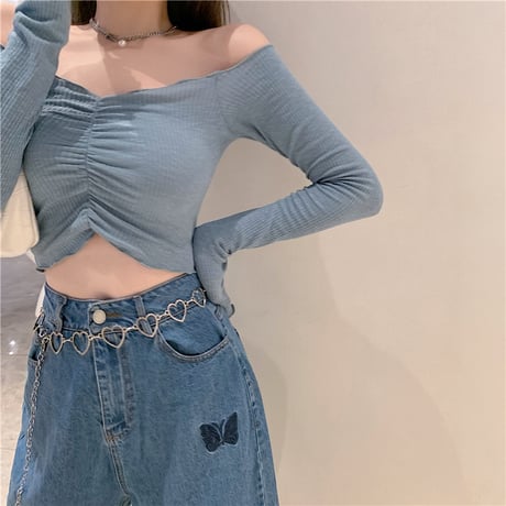 オフショル カットソー 長袖 ショート 韓国ファッション レディース トップス へそ出し Tシャツ オフショルダー Vネック スタイルアップ 大人可愛い ガーリー DTC-625937979040