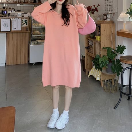 フード付き ニットワンピース ロングワンピース ルーズ ゆったり ルーズウエスト 長袖 レトロ 韓国ファッション レディース 大人可愛い ガーリー DTC-682629628231