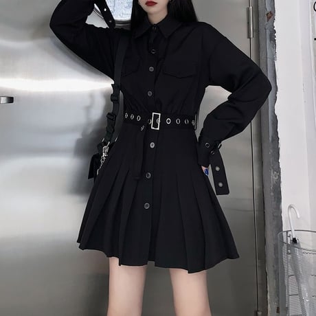 シャツワンピース プリーツ ウエストマーク 袖ベルト プリーツスカート Aライン 長袖 レトロ 韓国ファッション レディース 大人可愛い ガーリー ゴシック 暗黒系 DTC-636037263078