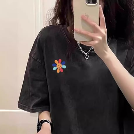 ユニセックス tシャツ ウォッシュ加工 スマイリー デイジー プリント ヴィンテージ風 トップス 半袖 オーバーサイズ カジュアル ストリート男子 ストリート女子 DTCA-747198653553