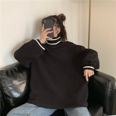フリース トレーナー プルオーバー 韓国ファッション レディース ゆったり ハイネック トレーナー 体型カバー シンプル レトロ 春 秋 冬 大人カジュアル (DTC-605871158785)