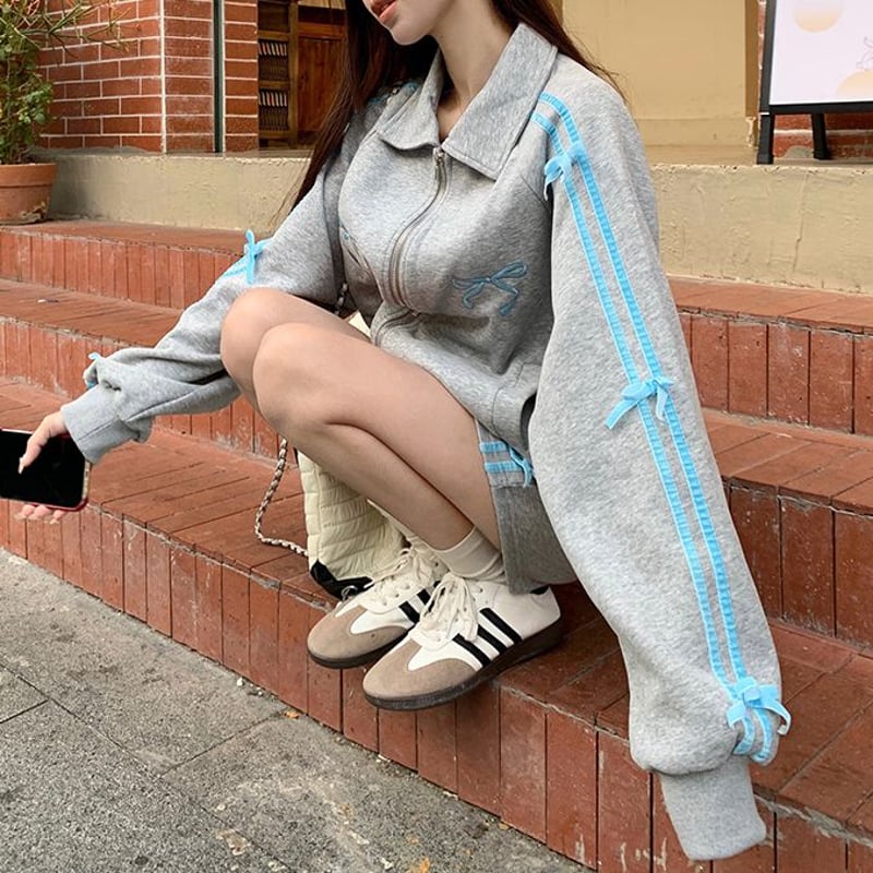 セットアップ 上下セット サイドライン リボン ジップアップ トップス