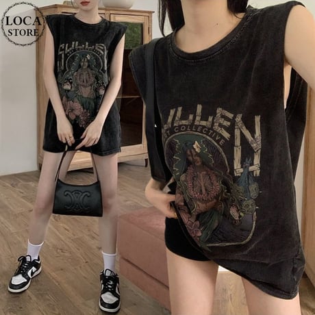 ヴィンテージ風 ノースリーブ ウォッシュ加工 タンクトップ tシャツ トップス オーバーサイズ ルーズ レトロ 大人可愛い ガーリー カジュアル ストリート女子 DTCA-795945053217