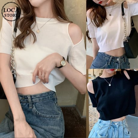 tシャツ オープンショルダー サマーニット 半袖 ショート丈 へそ出し 肩開き 肩出し 薄手 トップス 韓国ファッション レディース 大人可愛い ガーリー DTCA-640484604365