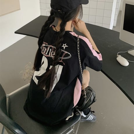 Tシャツ ユニフォーム風 オーバーサイズ サイドライン バイカラー トップス 半袖 レトロ 韓国ファッション レディース 大人可愛い ガーリー スポーツミックス DTC-802941498047