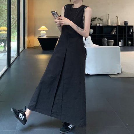 ノースリーブ ワンピース ハイウエスト Aライン プリーツ ロングワンピース レトロ 韓国ファッション レディース 大人可愛い ガーリー DTC-799805323009