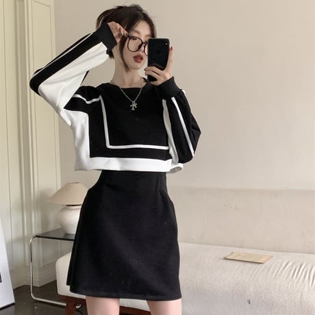 フェイクレイヤード ワンピース バイカラー ドッキングワンピース ルーズ ハイウエスト 長袖 レトロ 韓国ファッション レディース 大人可愛い ガーリー DTC-683954252526