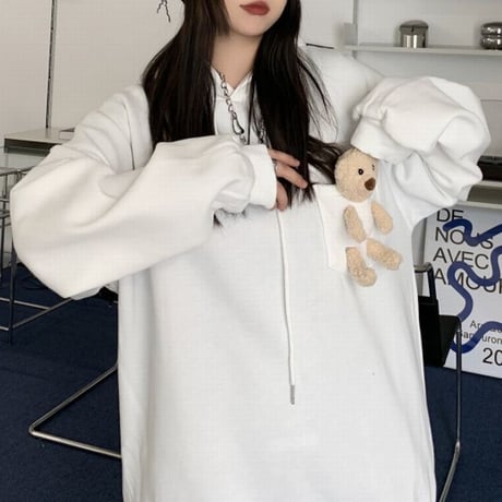 ユニセックス パーカー クマのぬいぐるみ付き プルオーバー プラスベルベット 長袖 オーバーサイズ 韓国ファッション メンズ レディース カジュアル ストリート系 DTC-660128840646