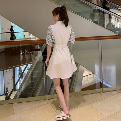 シャツワンピース バイカラー チェック柄 無地 韓国ファッション レディース ワンピース Aライン シングルブレスト ハイウエスト 無地 フレア シンプル ガーリー DTC-619337093068