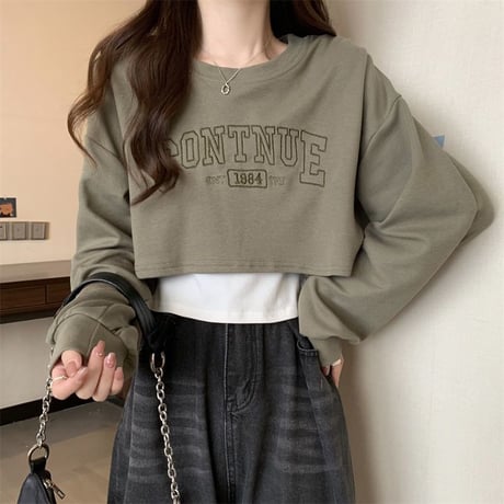 2点セット クロップド丈 スウェット タンクトップ ショート丈 トレーナー インナー付き トップス ルーズ 長袖 レトロ 大人可愛い ガーリー カジュアル DTCA-700268451393