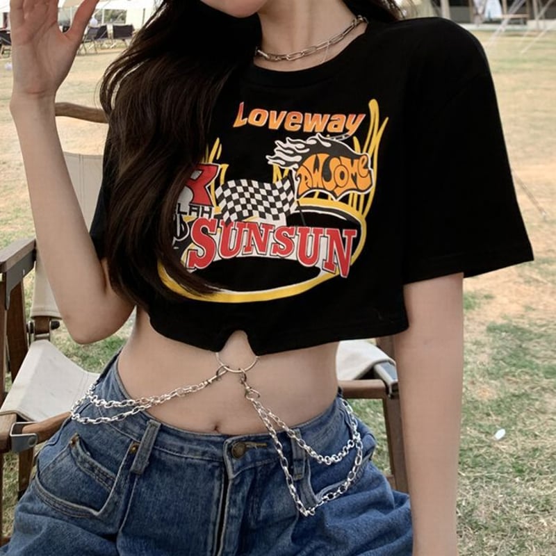 クロップド丈 Tシャツ トップス へそ出し チェーン付き 半袖 ルーズ